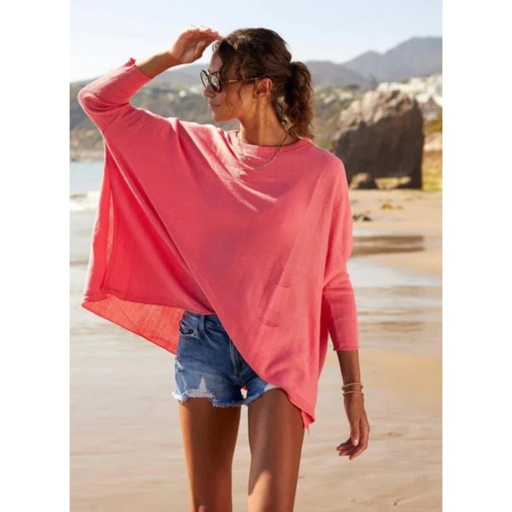 Mersea Coral Catalina Crewneck Dolman Sleeve Travel Sweater One Size Beach